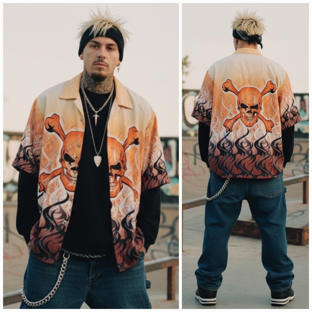 Dragonly Roadhouse XL Vintage Y2K Skull Flames Biker Grunge Button Down Shirt